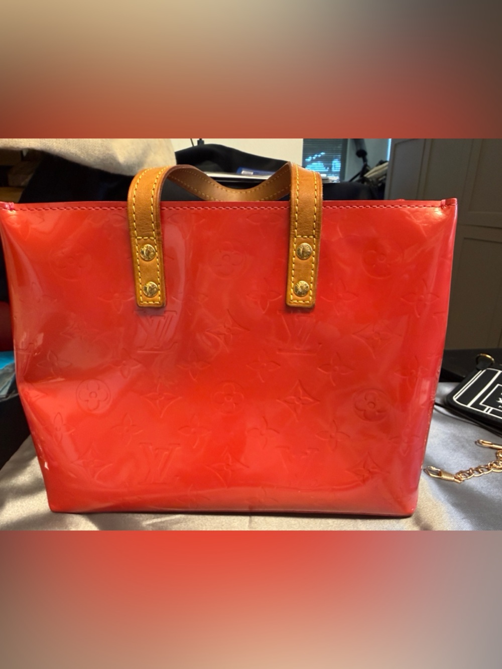 Louis Vuitton Pink Vernis Patent Tote with Tan Handles and unbranded charms. - Picture 2 of 16